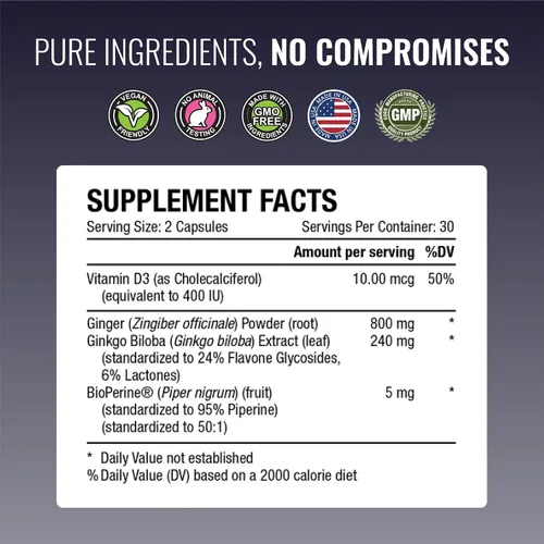 Vista 4 de Approved Science VertiSyl - Ginkgo Biloba, jengibre, vitamina D3, BioPerine - 60 Cápsulas - 1 mes de suministro