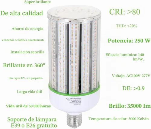 Vista 4 de Bombilla LED de maíz de 250 W, reemplazo de halogenuros metálicos de 1000 W, bombilla LED de base Mogul E39 de 5000 K, lámpara HPS HID para uso