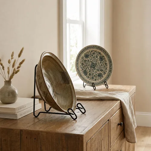 Vista 5 de Artliving Paquete de 2 soportes de exhibición de caballete de hierro para exhibir cuencos medianos profundos, platos y platos profundos