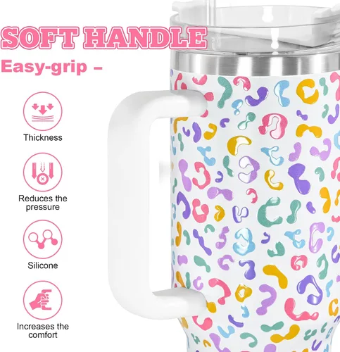 Vista 3 de Sweet Grain - Vaso de 40 onzas con asa y pajita, mantiene las bebidas frías hasta 24 horas, vaso aislado al vacío de acero inoxidable con diseño