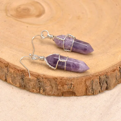 Vista 9 de Pendientes de cristal de punta envuelta en alambre de piedra pulida para mujer Reiki Energy Healing