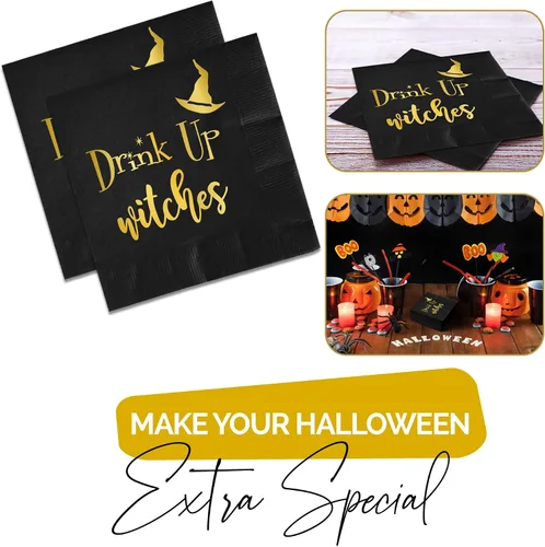 Vista 6 de Servilletas de Halloween Drink Up Witches, 52 servilletas de cóctel de Halloween para decoración, cena, bebidas y suministros de fiesta de brujas
