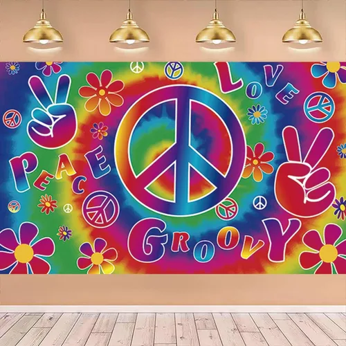 Vista 5 de Cartel de fondo bohemio hippie retro arco iris, 71 x 44 pulgadas, decoración de fiesta de carnaval de los años 60, poliéster, múltiples ocasiones