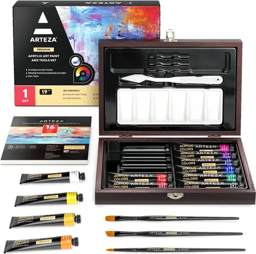 Vista 8 de Arteza Juego de arte acrílico, incluye caballete de mesa, 12 tubos de pintura acrílica, papel de paleta, 10 pinceles, almohadillas de lienzo