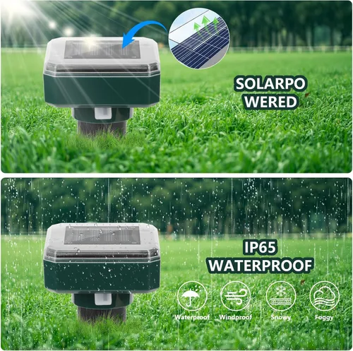 Vista 4 de Repelente de topos alimentado por energía solar, paquete de 8 unidades, impermeable, disuasorio ultrasónico, repelente de ratones para exteriores