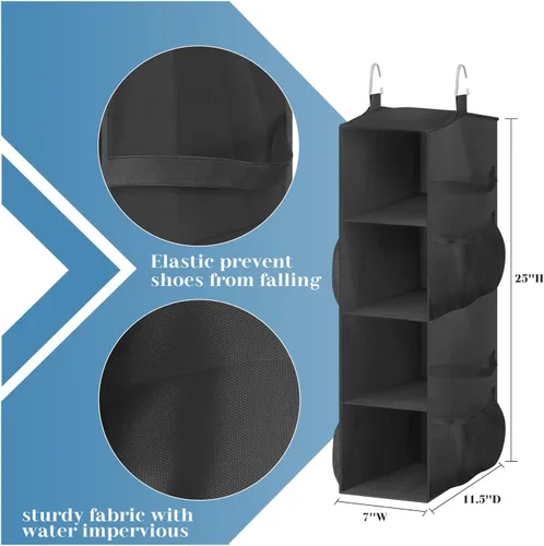 Vista 5 de SLEEPING LAMB Organizador corto de zapatos colgante para almacenamiento en armario con bolsillos laterales de malla con capacidad para 8 pares, Negro