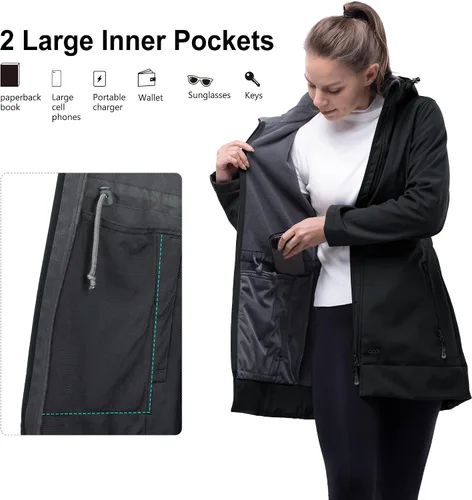 Vista 4 de 33,000ft Chaqueta impermeable Softshell larga para mujer con capucha forro polar cortavientos cortavientos