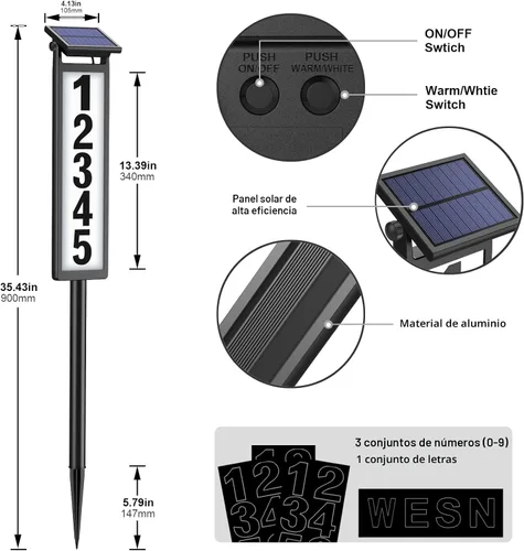 Vista 5 de Eyrosa Letrero de dirección con luz LED solar, números de casa para patio exterior, placa de números impermeable para exteriores, color negro