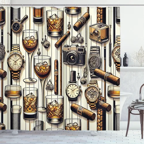 Vista 3 de Ambesonne Cortina de ducha con diseño de cueva de hombre, diseño masculino con relojes de whisky helado, cámara de fotos retro, juego de decoración