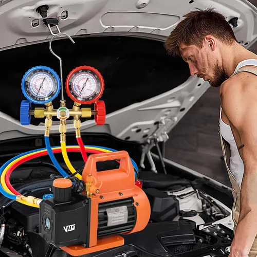 Vista 8 de VTG VOGTEN Bomba de Vacío AC de 4.5 CFM y Juego de Manómetros, para Sistemas Mini Split/HVAC/Auto, Kit de Manómetro Múltiple Compatible con R134a