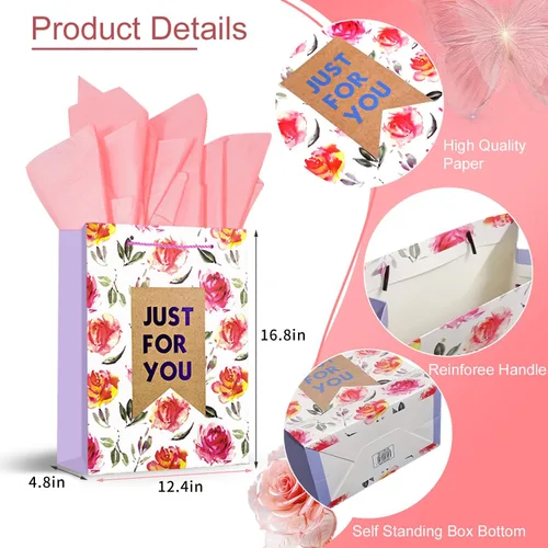 Vista 4 de Colodeol 4 Piezas Bolsas de Regalo del Día de San Valentín de 16.8" con Papel de Seda, Bolsa Extra Grande del Día de San Valentín con Asas Bolsas