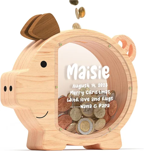 Vista 8 de Summidate Alcancía de madera para niños, niñas, niños y adultos, grandes facturas irrompibles, cambio de monedas, tarro de ahorro de dinero, regalo