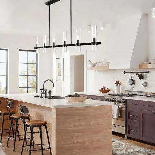 Vista 4 de Untrammelife Lámpara de Isla Lineal Moderna, Candelabro Grande Negro de 6 Luces de 36" de Ancho, Lámpara Colgante Rectangular con Pantalla de Vidrio