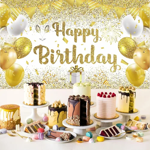 Vista 2 de Decoraciones de fiesta de feliz cumpleaños dorado y blanco, pancarta grande para mujeres, hombres y niñas, 70.8 x 43.3 pulgadas