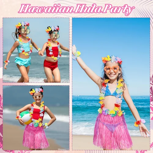 Vista 5 de Paquete de 6 faldas de hierba hawaiana para niñas, falda de baile de Hula lindos anteojos, accesorio de disfraz de hula, vestido de fiesta de verano