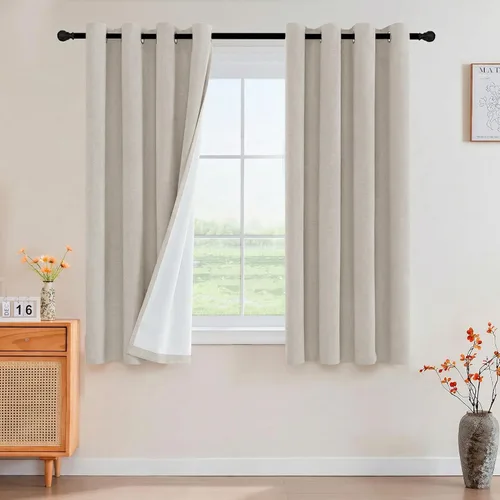 Vista 111 de Cortinas con textura de lino 100% opacas de 64 pulgadas de largo, juego de 2 paneles de cortinas de lino opacas con forro aislante térmico que Arena