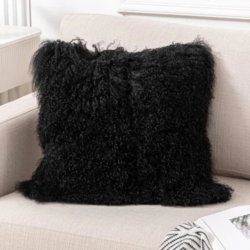 Vista 4 de Funda de almohada de piel de cordero mongol negra lujosa, funda de cojín de piel de oveja suave de felpa, funda de almohada de piel suave, funda