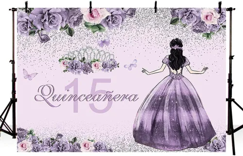 Vista 3 de AIBIIN Telón de fondo de quinceañera de 7 x 5 pies, corona dorada, vestido floral morado, corona de princesa, fondo de fotografía, fiesta
