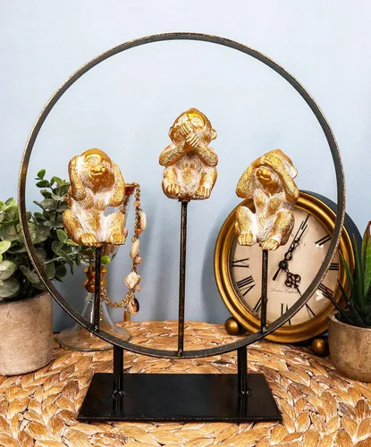 Vista 6 de Ebros Fantástico Oro Ver Oír Hablar No Evil Monos Sentados en Paz Anillo Círculo Soporte Estatua Decorativa 3 Simios Sabios Figura Animal Selva