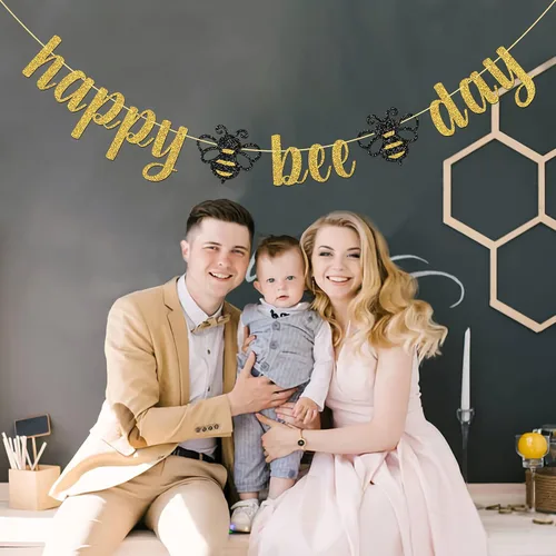 Vista 4 de Cartel de Feliz Día de la Abeja con purpurina dorada/Suministros de fiesta de baby shower con temática de abejorros/Nueva mamá/fiesta de revelación
