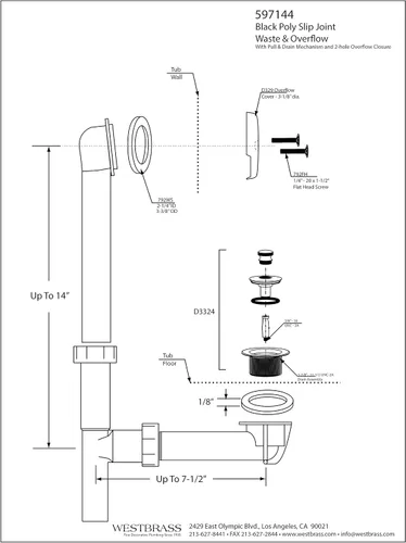 Vista 5 de Westbrass 597144-62 Conjunto de desbordamiento y desbordamiento tubular de polietileno de 14 pulgadas con placa frontal de 2 agujeros y tapón