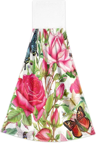 Vista 7 de Kitchen Towels with Hanging Loop, Soft Quick Dry Kids Kitchen Rags, 18.2 x 14 Inch, Set of 2, Botanical Roses Butterflies Retro