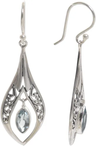 Vista 3 de NOVICA Aretes colgantes artesanales hechos a mano con topacio azul, plata de ley 925, piedra natal indonesia, lágrimas azules, Plata, No es una