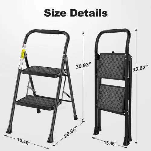 Vista 7 de HBTower Escalera de 2 Escalones, Taburete Escalón para Adultos, Escalera de 2 Escalones Taburete Escalón Plegable con Pedal Ancho Diseño Ergonómico