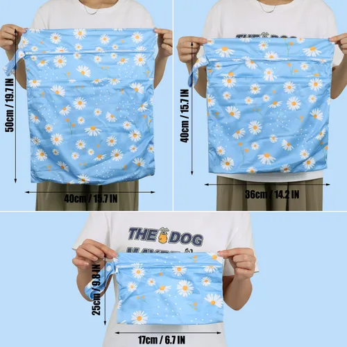 Vista 9 de 3 bolsas para pañales de tela para bebé, impermeables, reutilizables, con 2 bolsillos con cremallera y asa, bolsas de lavandería lavables