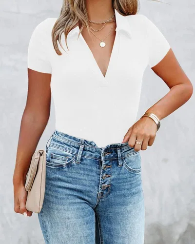 Vista 3 de OWIN Body de manga corta con cuello en V profundo para mujer, elástico, casual, con cuello en V y leotardo