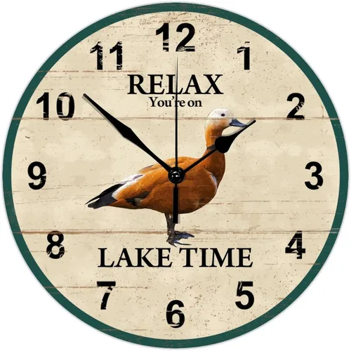 Vista 11 de Reloj de pared de madera de 10 pulgadas Relax You're on Lake Time con pato, funciona con pilas y manecillas de metal, reloj de pared