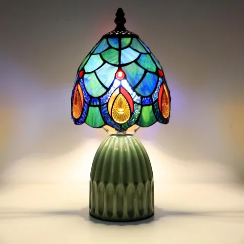 Vista 5 de Tiffany Stained Glass Mushroom Table Lamp 12.5 Inch -Blue Peacock Tiffany Lamp,6X6X12.5 Inch,Small Night Light,Ceramic Base, Mini Accent Light