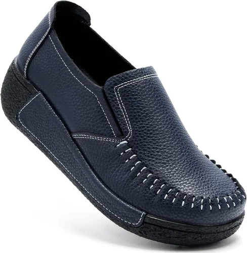 Vista 19 de UZB Mocasines de cuero sin cordones para mujer, cómodos zapatos de plataforma casuales
