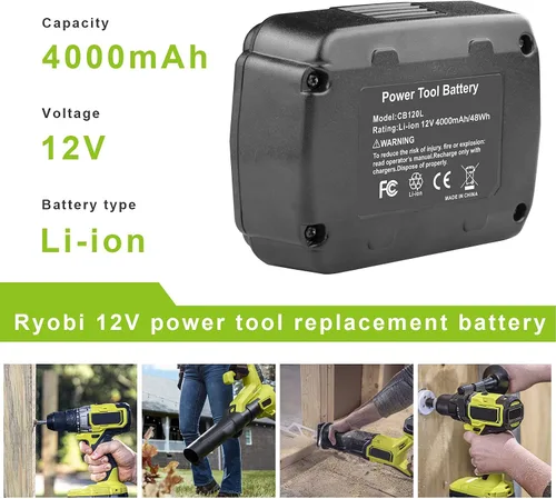 Vista 2 de TREE.NB Paquete de 2 baterías CB120L de alta capacidad de 4.0 Ah, repuesto para batería Ryobi de 12 V compatible con Ryobi 12 voltios CB120L CB121L