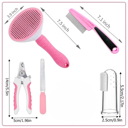 Vista 5 de 6-in-1 Pet Grooming Kit Self-Cleaning Slicker Brush Nail Clippers Comb Toothbrush Set for Dogs Cats