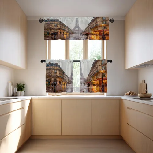 Vista 2 de Cortinas opacas de cocina con pintura al óleo de Europa rosa y negra para ventanas, cenefas opacas modernas de torre Eiffel de poliéster multicapa