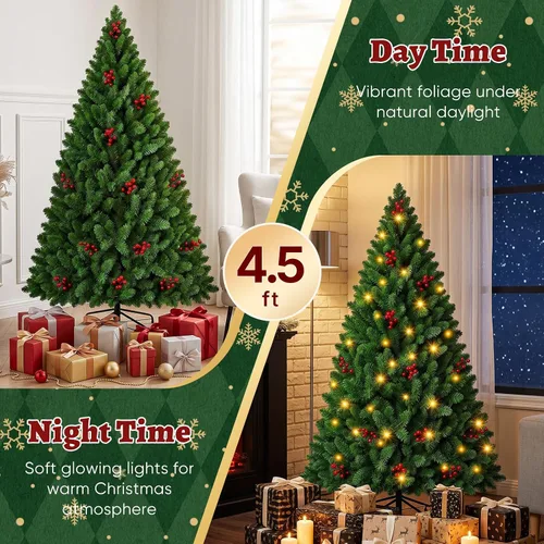 Vista 3 de NEWBULIG Árbol de Navidad preiluminado de 4.5 pies con bayas rojas Verde