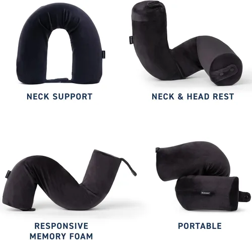 Vista 3 de Brookstone Free Form Almohada de Viaje - Almohada de Cuello de Viaje de Espuma Viscoelástica Ligera y Flexible para Dormir, Automóvil, Avión y Negro