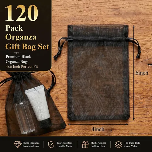 Vista 2 de VGOODALL 120 bolsas de regalo de organza negra, bolsas de regalo de malla de caramelo, bolsas de joyería para Navidad, suministros de fiesta de boda