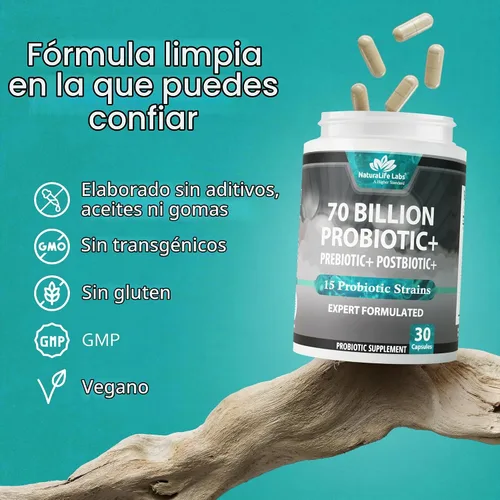 Vista 7 de NaturaLife Labs Probióticos 70 mil millones de CFU – 15 cepas con prebiótico y postbiótico orgánico – Fórmula 3 en 1 – 30 cápsulas veganas