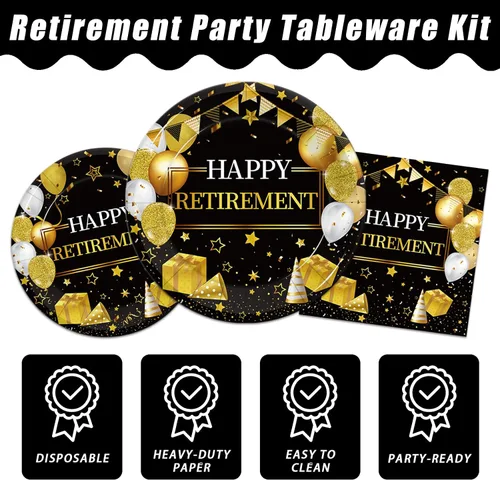 Vista 3 de Kepeel 168 piezas de suministros para fiesta de jubilación, decoraciones de fiesta de jubilación negro dorado para mujeres, platos de papel