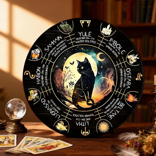 Vista 4 de Rueda del Año - Placa de madera de 30 cm, símbolos paganos de Sabbats, runas de brujas, tabla grabada en madera, vacaciones wiccanas, calendario