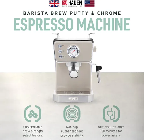 Vista 2 de HADEN Barista Brew - Cafetera de café expreso, de acero inoxidable con espumador de leche y vaporizador y tanque de agua de 1.5 L, masilla y cobre