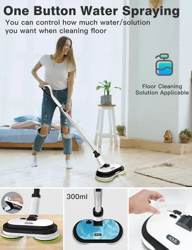 Vista 3 de Eous - Trapeador eléctrico inalámbrico, limpiador de suelo autopropulsado con faros LED y rociador de agua, limpiador giratorio de doble motor