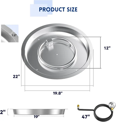 Vista 2 de Kit de quemador empotrable de hoguera Skyflame de acero inoxidable redondo de 19" con detección de llama, encendido electrónico por chispa, conjunto