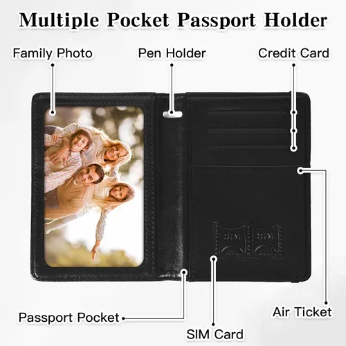 Vista 5 de Soporte para pasaporte para viajes, funda de pasaporte con bloqueo RFID con soporte para bolígrafo, funda de cuero para pasaporte, accesorios