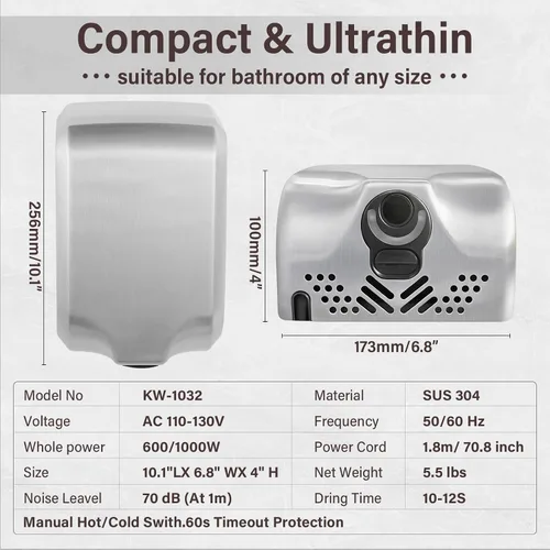 Vista 5 de Secador de manos para baño comercial, certificado UL y compatible con ADA, ventilador de mano eléctrico automático, interruptor de aire Acero