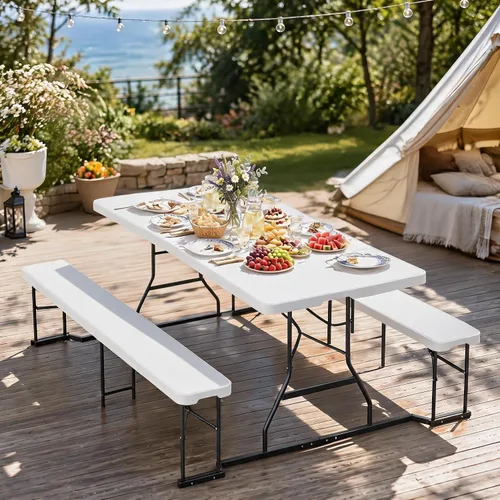 Vista 11 de DWVO Mesa de picnic plegable de 6 pies con bancos, juego de mesa de picnic Blanco
