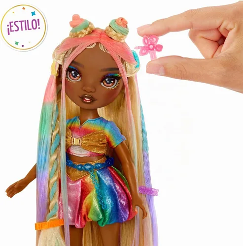 Vista 4 de Tiza para cabello y estilo Meline de Rainbow High – Muñeca de 11" arcoíris y dorada. Tiza para cabello lavable de arcoíris, color, estilo, juego