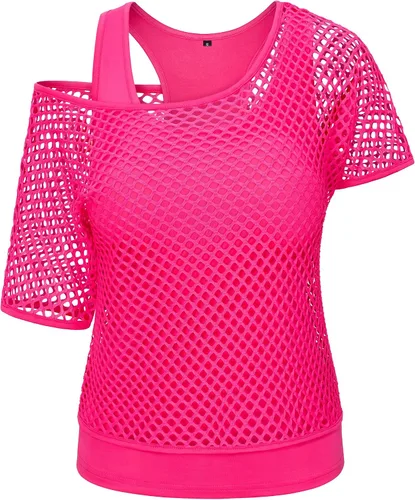 Vista 3 de Yuriko Disfraz de fiesta de los años 80 para mujer, camiseta de neón con hombros descubiertos, dos piezas con accesorios de disfraces de los años 80